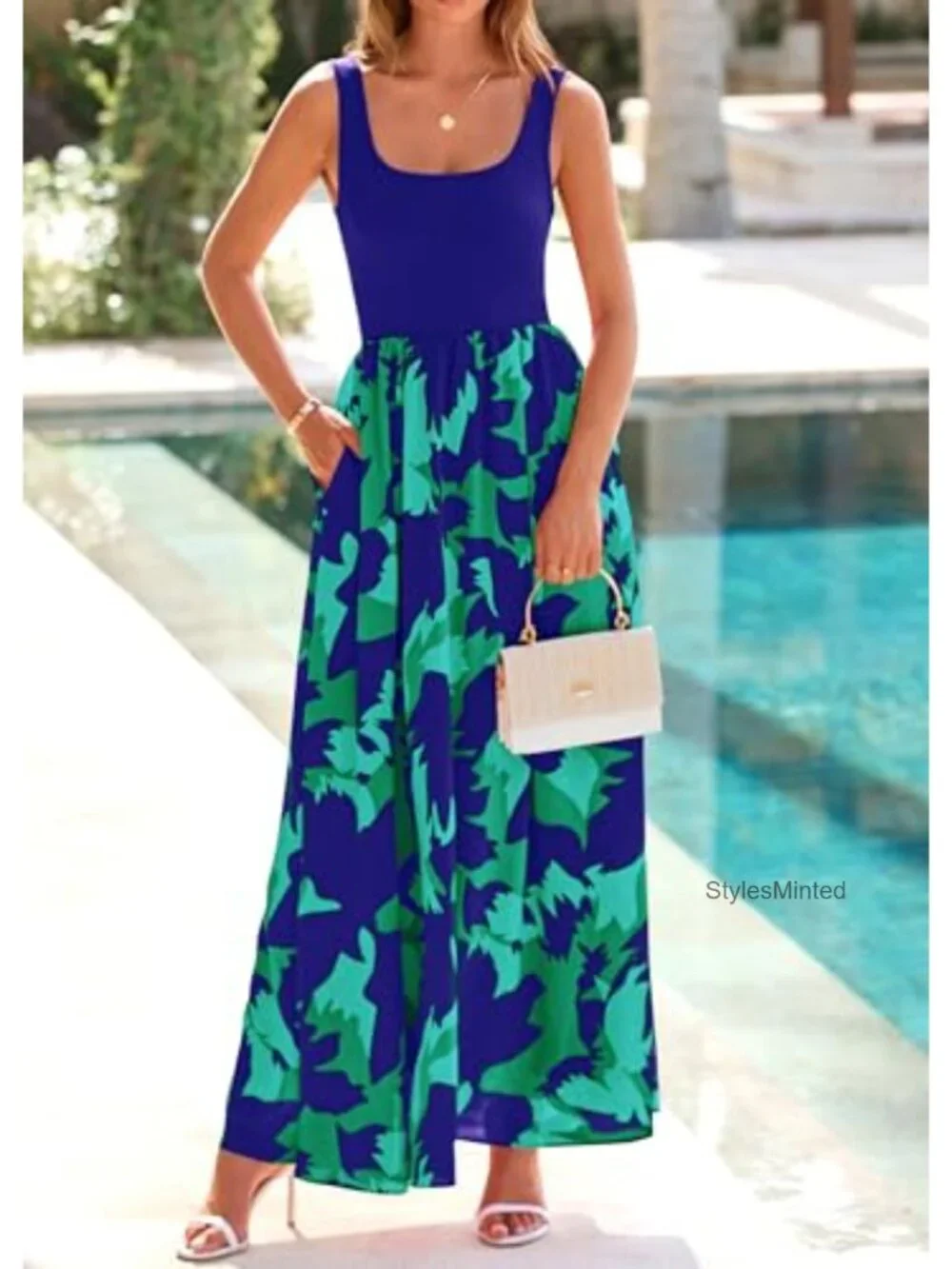Women's Boho Floral Maxi Sundress Sleeveless Tank Dress with Pockets
